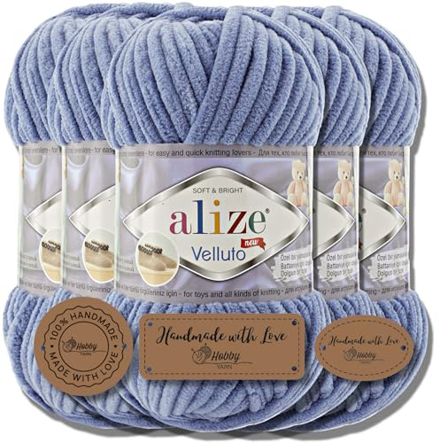 Hobby YARN Alize Velluto 5x 100g Türkische Strickwolle super Bulky Wolle zum Häkeln Uni Farbe Babywolle Flauschgarn Filzwolle Kuschelwolle (Denim | 374)