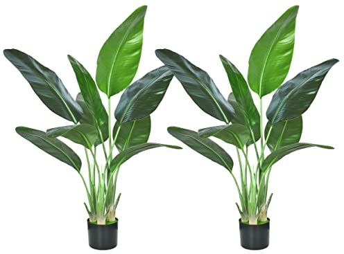 HAIHONG 2Packs 4FT Artificial Bird of Paradise Plant,Faux Palm Tree Potted Plant with Real Touch Leaves,Fake Trees for Home Living Room Office Indoor Outdoor Decor(4 FT-2Packs)