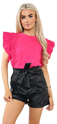 Camiseta de verano para mujer, manga corta, de gran tamaño, de algodón, acanalado, con volantes, hombros, fucsia, 36-42