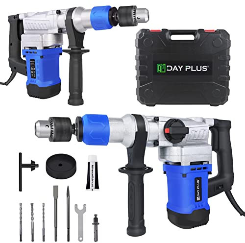 1500W Corded Hammer Drill - 3 in 1 Heavy Duty Rotary Electric Hand Tool With 6 Variable Speed for Wood Metal Concrete, 3 Bit Set