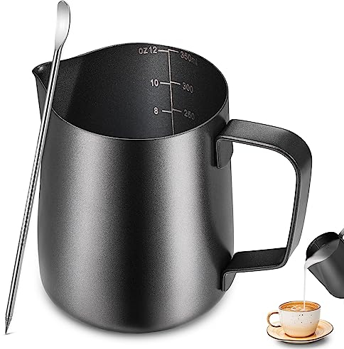 Anpro Bricco Latte Professionale, 350ml/12oz 304 Lattiera in Acciaio Inox Con Segno di Misurazione e Lattiera Latte Art Penna per Cappuccino, Espresso, Lavabile in Lavastoviglie