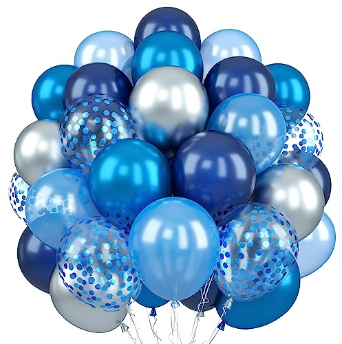 60Pcs Blue and Silver Balloons, 12 Inch Navy Pearl Blue Silver Party Balloons Metallic Silver Blue Confetti Helium Balloon for Graduation Birthday Baby Showers Christening Decorations