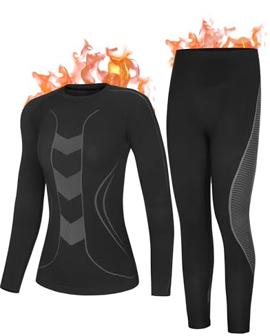 Roadbox Thermounterwäsche Set Damen - Warm Funktionsunterwäsche Damen Motorrad,Unterteil und Oberteil lang Funktionsunterwäsche Skiunterwäsche für Winter(schwarz grau,2XL)