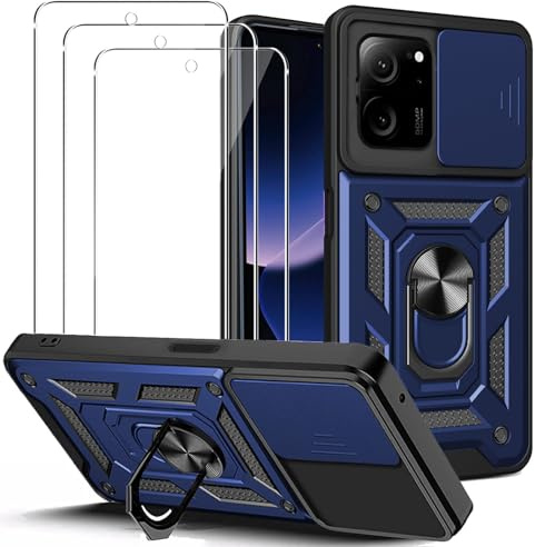 KUSINHOKA Funda para Xiaomi 13T/13T Pro con Protección de Cámara Cubierta y Soporte de Anillo + [3 Pack] Cristal Templado, [Antigolpes Grado Militar] [Anti-arañazos] Protectora Carcasa Funda, Azul