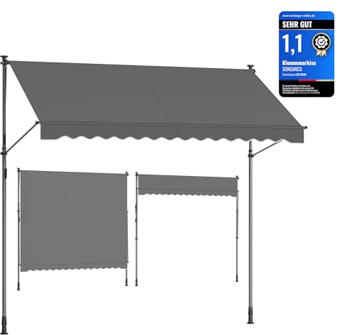 SONGMICS Retractable Awning, Manual Retractable Sunshade, Height-Adjustable with Crank, for Balcony, Garden, Patio, 300 x 120 cm, Anthracite Grey GSA302G02