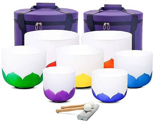 Juego de 7 cuencos tibetanos de cristal de flor de loto de 6 a 12 pulgadas con estuches de transporte resistentes, mazos de goma, huelguistas y juntas tóricas, cuencos tibetanos de cuarzo afinados con