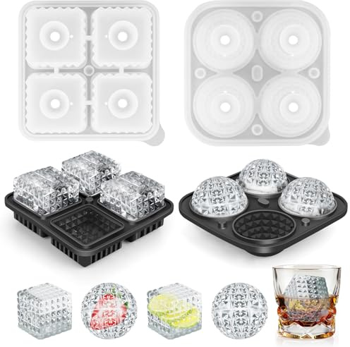 LOULANLUXE Silicone Large Ice Cube Moulds, Set of 2 Ice Cube Tray with Lid, Reusable Angular Texture Ice Ball Mould and Square Ice Cube Moulds, Prefect for Whiskey, Cocktails, Chilled Drinks