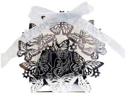 Yurosiay 20 Stück Schmetterling Geschenkbox mit Bänder Hochzeit Gastgeschenk Box Hohle Süßigkeiten Schachtel Laserschnitt Geschenkschachtel Perlenpapier Pralinenschachtel Glänzend Silber