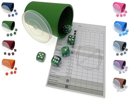 DiceCupFlex - Flexibler Würfelbecher mit Deckel inkl. 5 Würfel und Würfelblock, Spielblock - Made in Germany (Dunkelgrün)