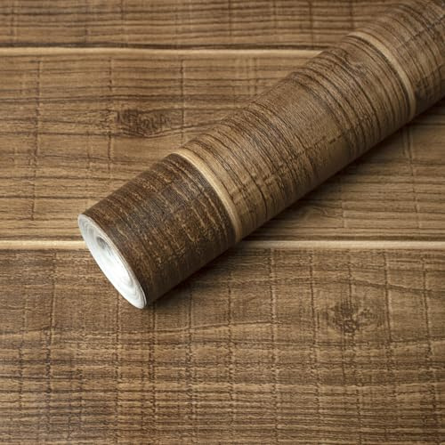 FENTIS Marrone Scuro Pannelli in Legno Carta da Parati Autoadesiva Peel and Stick Wallpaper Rimuovibile Rivestimento in Vinile Effetto Doghe Rotolo per Porta Bagno Cucina 44,5x500cm