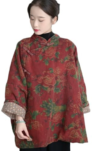 NFYM - Manteau chinois à col montant avec motif floral - Style cheongsam traditionnel - Boutons grenouilles - Coupe ample rembourrée pour femmes, Fleur - Rouge, One Size Plus