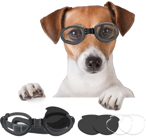 Billionchains Lunettes de soleil réglables pour chien - Coupe-vent - Verres interchangeables (noir + transparent) - Pour chiens de taille moyenne à grande