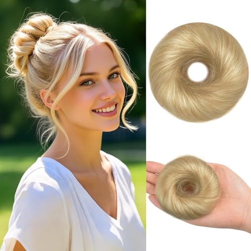 Haarteil mit Elastizitätsband Echthaar Haarteil Straight Haaren Donut für Damen Haare Bun Pferdeschwanz（Platin Blond）