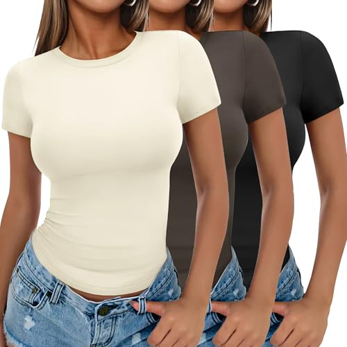 Ekouaer Womens 3 Pack Short Sleeve Tops Crew Neck Basic T-Shirts Stretch Fitted Summer Crop Top Aesthetic Streetwear, Black + Beige + Brown, S