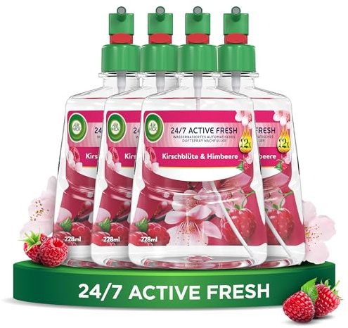 Air Wick Active Fresh – Aeorosolfreier, automatischer Lufterfrischer – Raumduft Kirschblüte & Himbeere – 4 x 228 ml Nachfüller