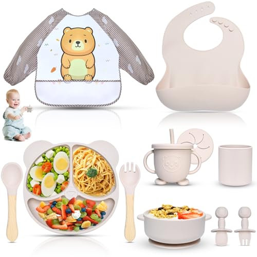 Dazhtu Assiette bebe Set, 11 Pièces Coffret Repas Bebe Silicone, Vaisselle Assiette ventouse pour bébé, Bavoir Silicone Bebe, Cuillère, Enfant Set Couverts Vaisselle Pour Sevrage Manger (Beige)