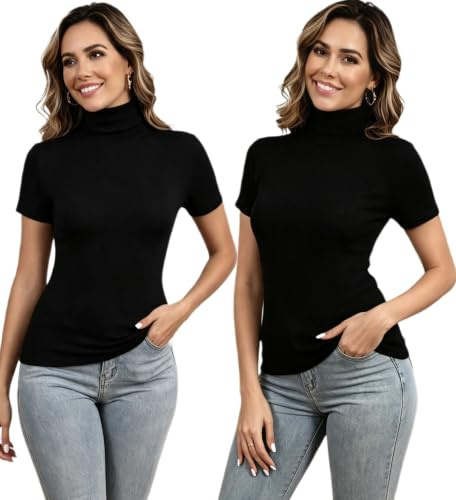 Damtröja med polokrage strumpa lättstickad body kortärmad t-shirt modern smal topp ståkrage baströja ull vintage chic vinter höst vår, Svart + svart, M