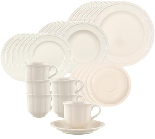Villeroy & Boch Manoir Service combiné 30 pièces pour 6 personnes avec tasses à café, soucoupes, assiettes à petit-déjeuner, soupe et plats, passe au lave-vaisselle et au micro-ondes, porcelaine de