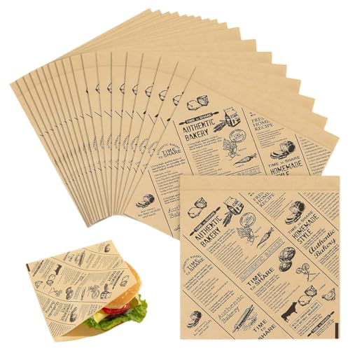 Papier Burger,150 Pièces,Papier Emballage Alimentaire,Papier Alimentaire Résistant à l’Huile et à l’Eau pour Emballage sandwich,Style Journal Vintage