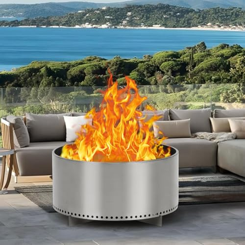 DECAKE 27 Zoll rauchfreie Feuerstelle mit Luftschalter, tragbare Feuerstelle aus Edelstahl für den Außenbereich mit Holzfeuerung, Abnehmbarer Ständer und Aschekasten, ideal für Camping, H