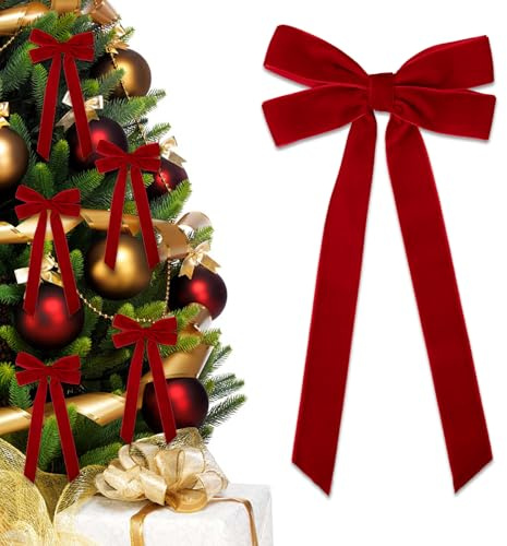 AMateschitz Samt Weihnachten Schleife 13 * 26cm Weihnachts Samtschleifen Weihnachtsschleifen Geschenkschleifen Weihnachtsbogen Weihnachtsbaum Deko Schleife für Weihnachtsbaum Rot 24 Stück