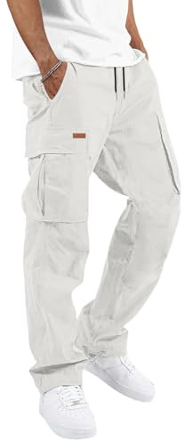 TARAINYA Cargo Uomo Pantaloni Uomo Cargo in Cotone Morbido con Cordino Regolabile e Tasche Funzionali Bianco M