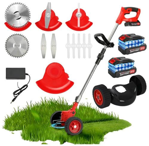 Tagliaerba senza fili 21 V, decespugliatore elettrico a batteria, tosaerba portatile, strumento da giardinaggio leggero, taglierina per erba ricaricabile, manico telescopico regolabile (rosso)