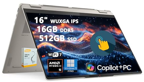 Lenovo Yoga 7 2-in-1 AI PC Laptop | 16 WUXGA IPS Touch | AMD Ryzen AI 5 340 (Up to 50 Tops) | 16GB DDR5 512GB SSD | for Creator Business Professional Wi-Fi 7 Win11 Pro w/DLCA Accessory