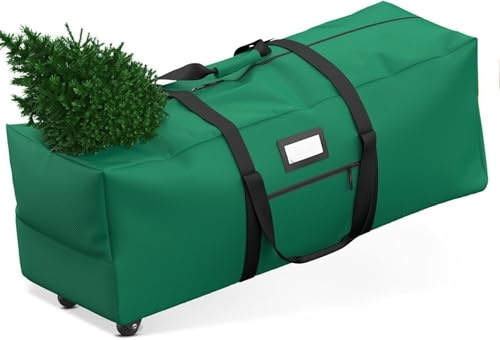 Christmas Tree Storage Bag with Wheels, Large Capacity Green Bag for Up to 7.5 Ft Tree - 122x51x38cm, Durable Water-Resistant, Dual Zipper