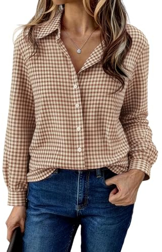 Aottori Camicia Quadri Donna Maniche Lunghe Cotone Camicie Elegante con Bottoni Scollo a V Maglietta Casual Classic Country Marrone L