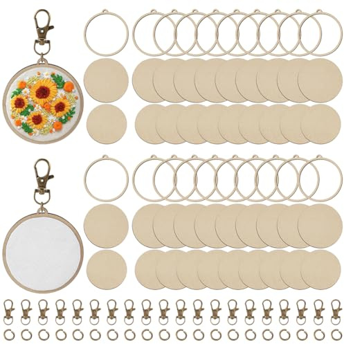 FREEBLOSS 20 Set Mini Stickrahmen Aus Holz Kleine Stickrahmen Mit Schlüsselanhängern DIY Holzrahmen Für Stickerei Ohrringe Und Schmuckherstellung 2.7x2.5 Zoll