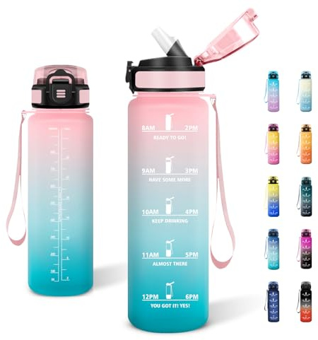JAPORIA Trinkflasche 1L, Kohlensäure Geeignet, Sportflasche mit Strohhalm, Auslaufsicher, Wasserflasche mit Zeitmarkierung, für Fitness, Yoga