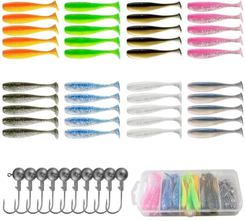 50 stück Zander Köder Set mit Jigköpfen–Gummifische für Hecht & Barsch, 6CM T-Tail Angelköder mit Bleikopf, Softbait Hecht Köder für Süßwasser & Salzwasser