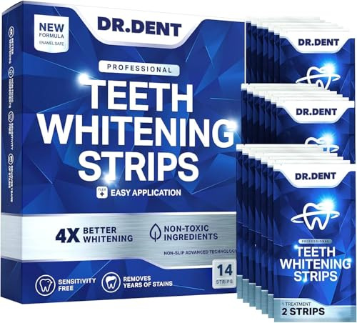 DR.DENT Teeth Whitening Strips Professional Strength – 7 Treatments (14 Strips) with Mouth Opener – Enamel Safe Teeth Whitening Kit for Sensitive Teeth