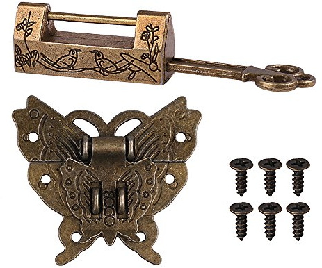 Antique Small Chinese Locks with Key & Latch Hasp Set, Vintage Jewelry Gift Box Decorative Padlock Lock Hardware Latch Set for Wood Box, Flower Bird Lock