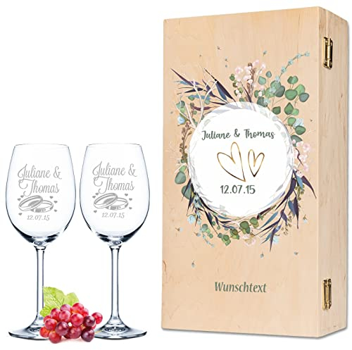 Leonardo Weingläser mit Gravur von Namen & Datum im - Flower Wedding Design - als Geschenk zur Hochzeit, Verlobung oder zum Jahrestag - inkl. bedruckter Vintage Holzkiste - das Hochzeitsgeschenk