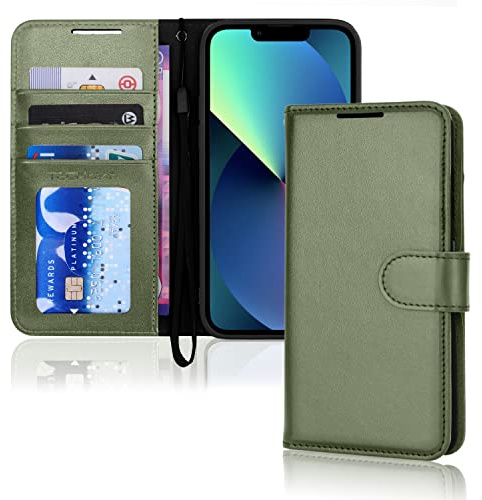TECHGEAR iPhone 13 Leather Wallet Case, Flip Protective Case Cover with Wallet Card Holder, Stand and Wrist Strap - Green PU Leather with Magnetic Closure for iPhone 13 6.1