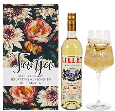 Herz & Heim® Lillet Geschenkset personalisierte Geschenkidee für die Frau mit Vintage Blumenmotiv, Geschenk für Frauen, Geschenke beste Freundin (Lillet Blanc)