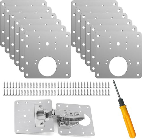 Jiaxitek 12 pcs Hinge Repair Plate Kit, Stainless Steel Cabinet Hinge Brackets with Screws and Tools for Wooden Kitchen Cabinet Door Reinforcement