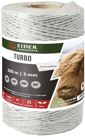Eider Weidezaunlitze Turbo 200 Meter Rolle, 3mm, weiß, 9 Niroleiter, 1,8 Ohm/m - Made in Germany
