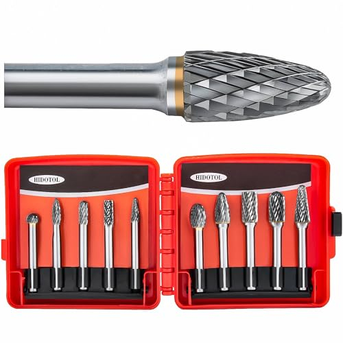 HIDOTOL Hartmetall-Frässtift-Set, 1/4-Zoll-Schaft, 10-teiliges Wolfram-Doppelschnitt-Hartmetall-Drehfräser-Set für Metall- und Holzschnitzen, Schleifen, Polieren, Gravieren, Bohren in Kunststoffbox.