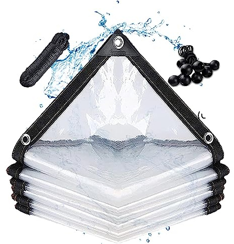 Deck Garden Tarps, 2.5x4.5 M/8.2x14.7 FT Rainproof Clear Plastic Tarpaulin Covering/Transparent Tent Curtains for Outdoor Camping Yard, with Ball Bungee Cords & Edge Banding Thickness 0.18mm