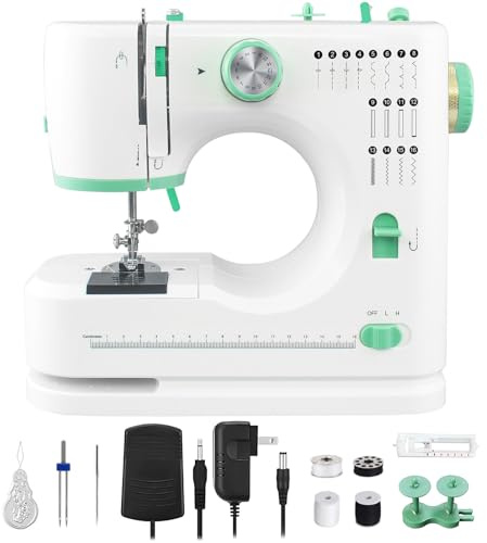 KTOITION Sewing Machine With 16 Stitches, Mini Electric Multifunctional Sewing Machine With Extension Table, Double Needle 2 Speed 2 Thread, Reverse Stitch, compact Size for Beginners