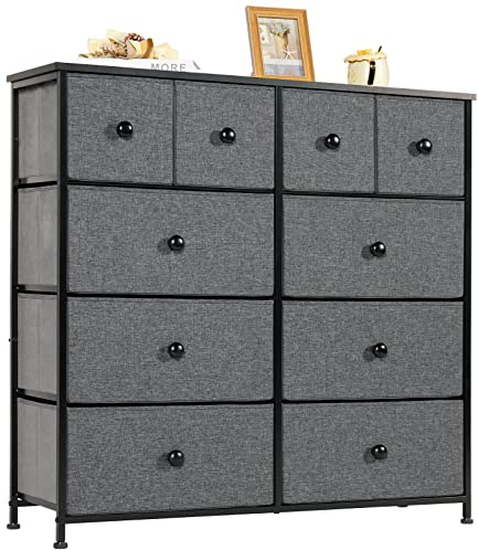 LYNCOHOME Kommode mit Schubladen aus Stoff, Sideboard mit 10 Stoffschubladen, Schubladenschrank Ordnungsmöbel für Küche Büro Flur, TV Schrank mit Schubladen