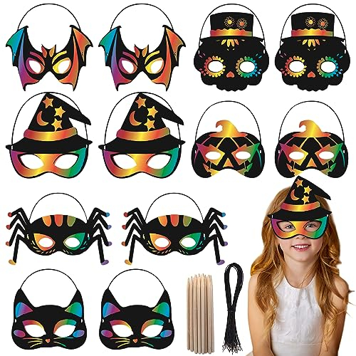 LETTERASHQP 12 Stk Halloween Kratzbilder,Halloween Masken Kinder, Scratch Art Masken für kinder mit Elastischen Kordeln und Holzstäbchen,für Halloween Weihnachten Ostern Party Deko