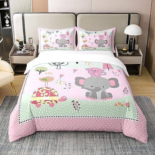 Süßer Elefant 100% Bio-Baumwolle Tröster-Bezug Cartoon Baum Schildkröte Vogel Schmetterling Bettbezug Set 200x200 Boho Streifen Patchwork Bettwäsche Set mit 2 Kissenbezügen