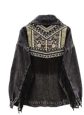 Cazadora Vaquera Mujer,Chaqueta De Mezclilla Con Borlas Boho Para Mujer, Bordado Floral, Gamuza, Flecos, Jeans, Tops, Estiramiento A Medida, Botón De Camionero, Abrigo De Mezclilla, Cárdigan, Chaque