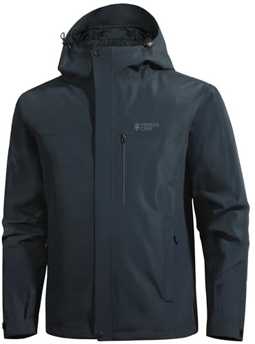 Pioneer Camp Giacca antipioggia da uomo, impermeabile, traspirante, con cappuccio, 4 tasche, Blu marino, XL