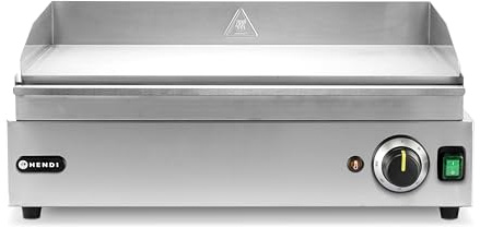 HENDI Plancha à griller électrique lisse, plaque de cuisson, grill barbecue avec tiroir à graisse amovible, température jusqu’à 300°C, 230V, 2400W, 527x404x(H)233mm, inox