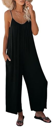 Haibang Mono Mujer Verano Largo Sin Mangas Cuello en V Elegante Peto Mujer Verano Casual Espaguetis Monos Pantalón Elegante Sueltos Jumpsuit con Bolsillos Informal Playa Fiesta Vacaciones Playsuit